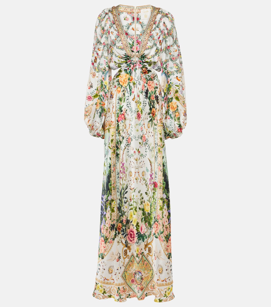 Silk maxi dress with cutouts and Camilla decor, multicolor