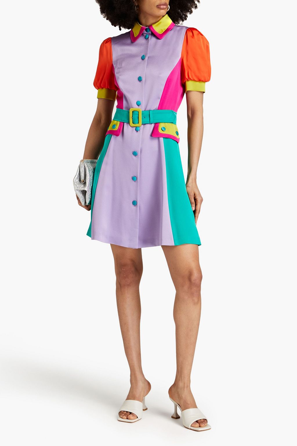 Shirt dress in satin crepe with pleats in color block style MOSCHINO, lilac