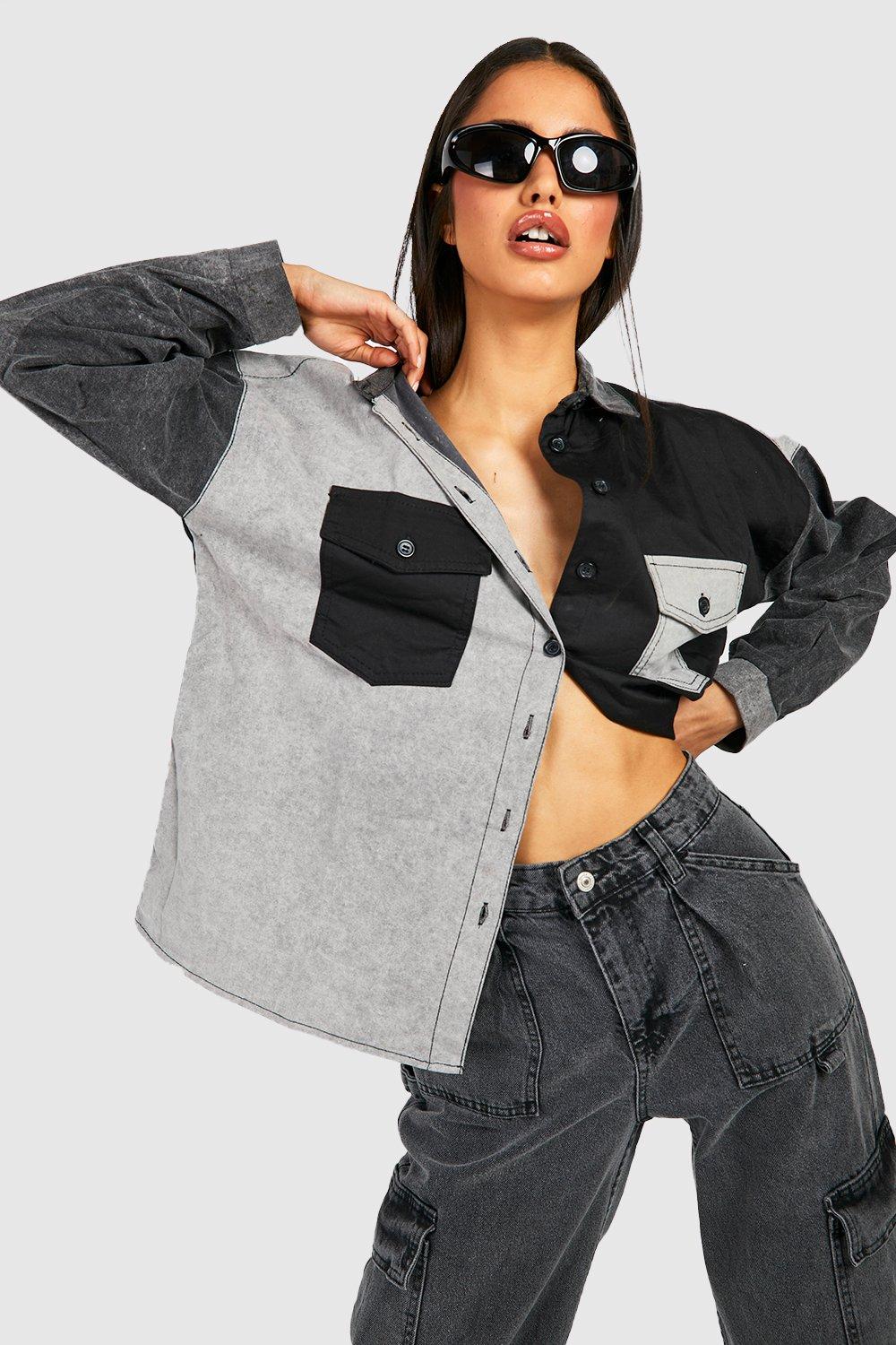 Boohoo Mixed Message Two-Tone Denim Shirt, Gray