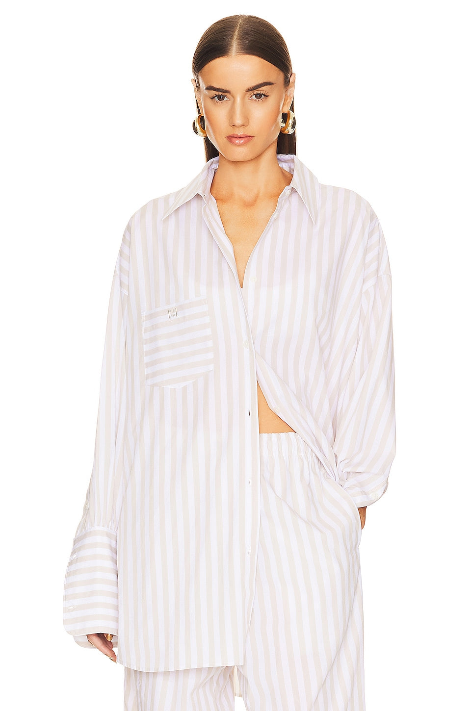 Helsa Cotton Poplin Stripe Oversized Shirt, Beige Stripe