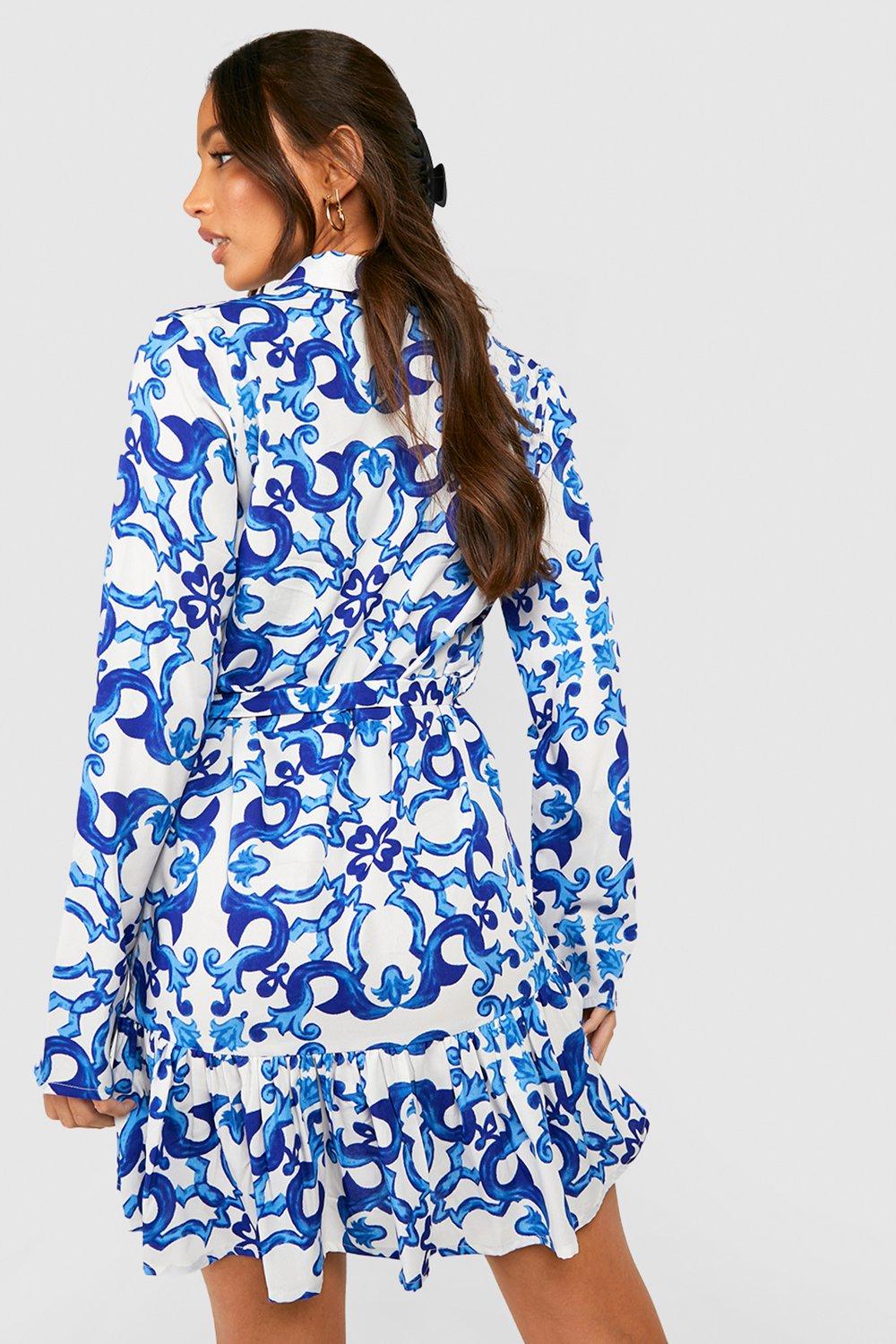 Tall scarf with print Boohoo shirt dress, blue