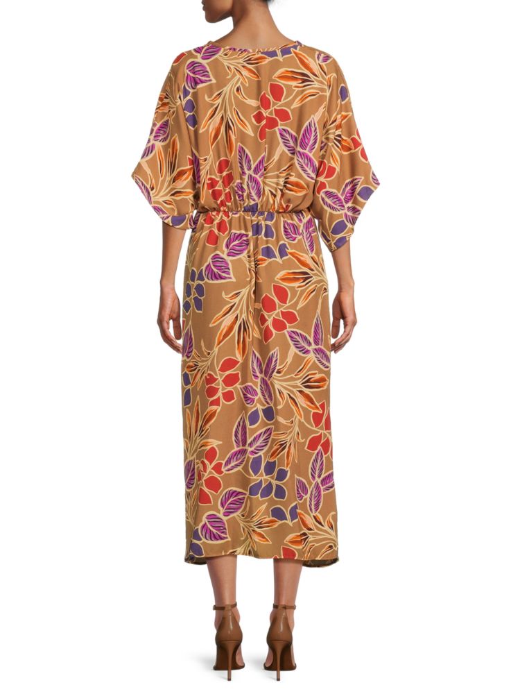 Renee C. Leaf Print Midi Kimono Dress in Mocha