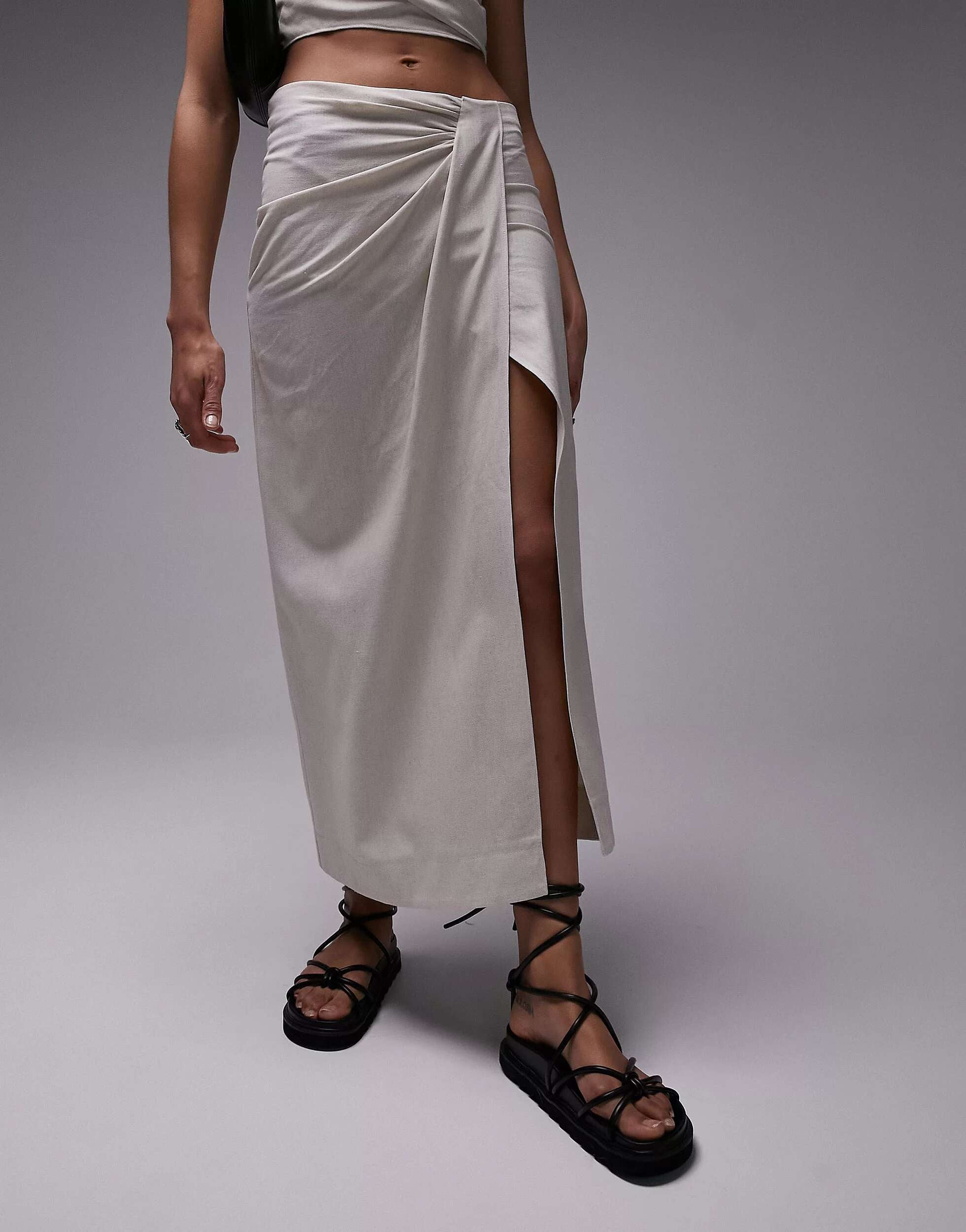 Topshop Sand Linen Maxi Skirt With Pinch Waist