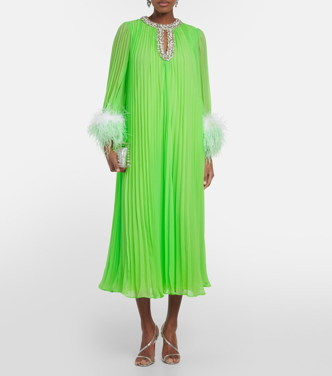 Self-Portrait Pleated Chiffon Dress with Feather Trim, Green