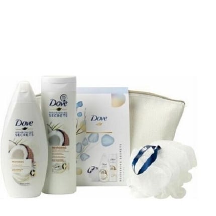 Nourishing Secrets revitalizing shower gel, body lotion, puff cosmetic bag, Dove