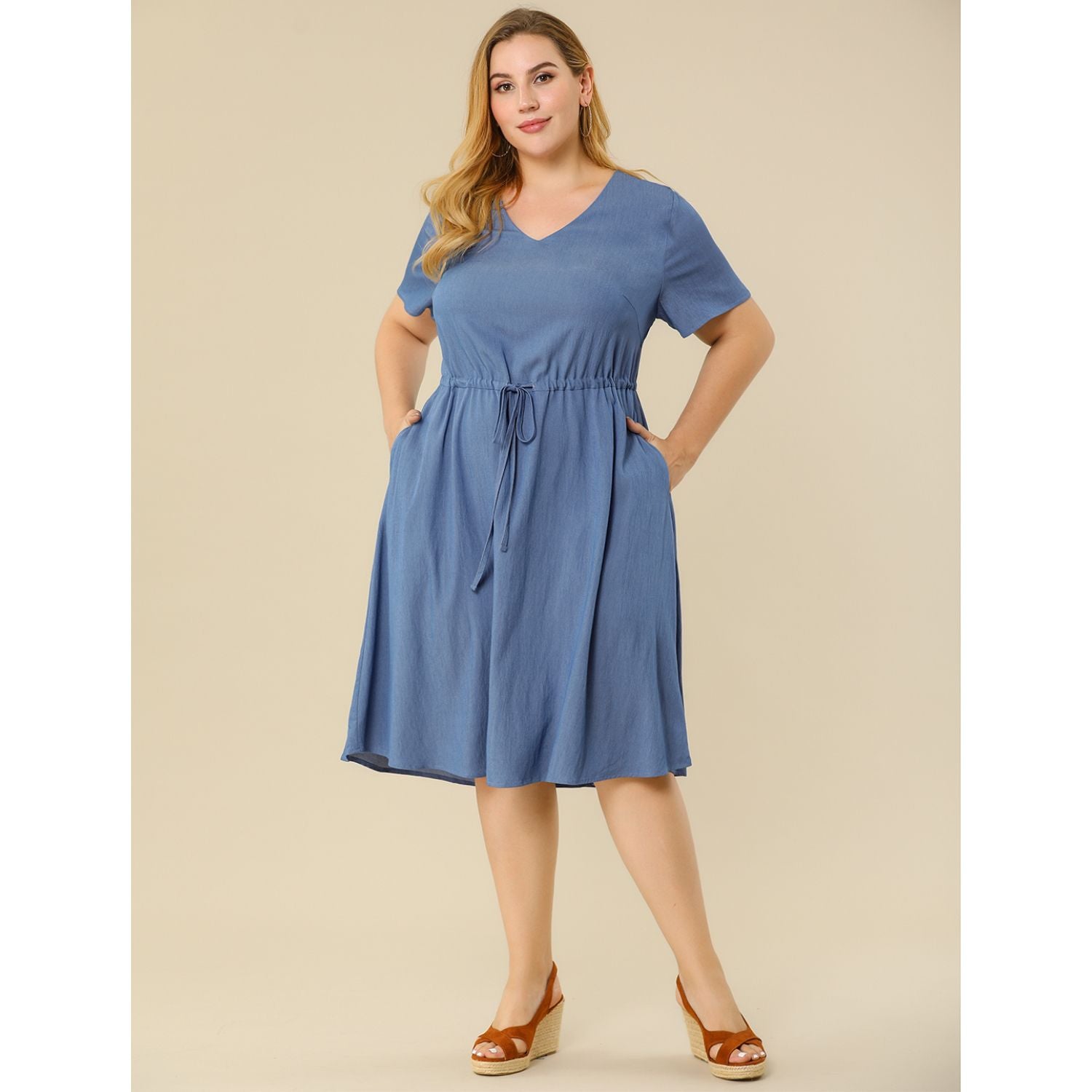 Agnes Orinda Women's Autumn Plus Size Denim Tie Midi Shirt Dress in Chambray , dark blue