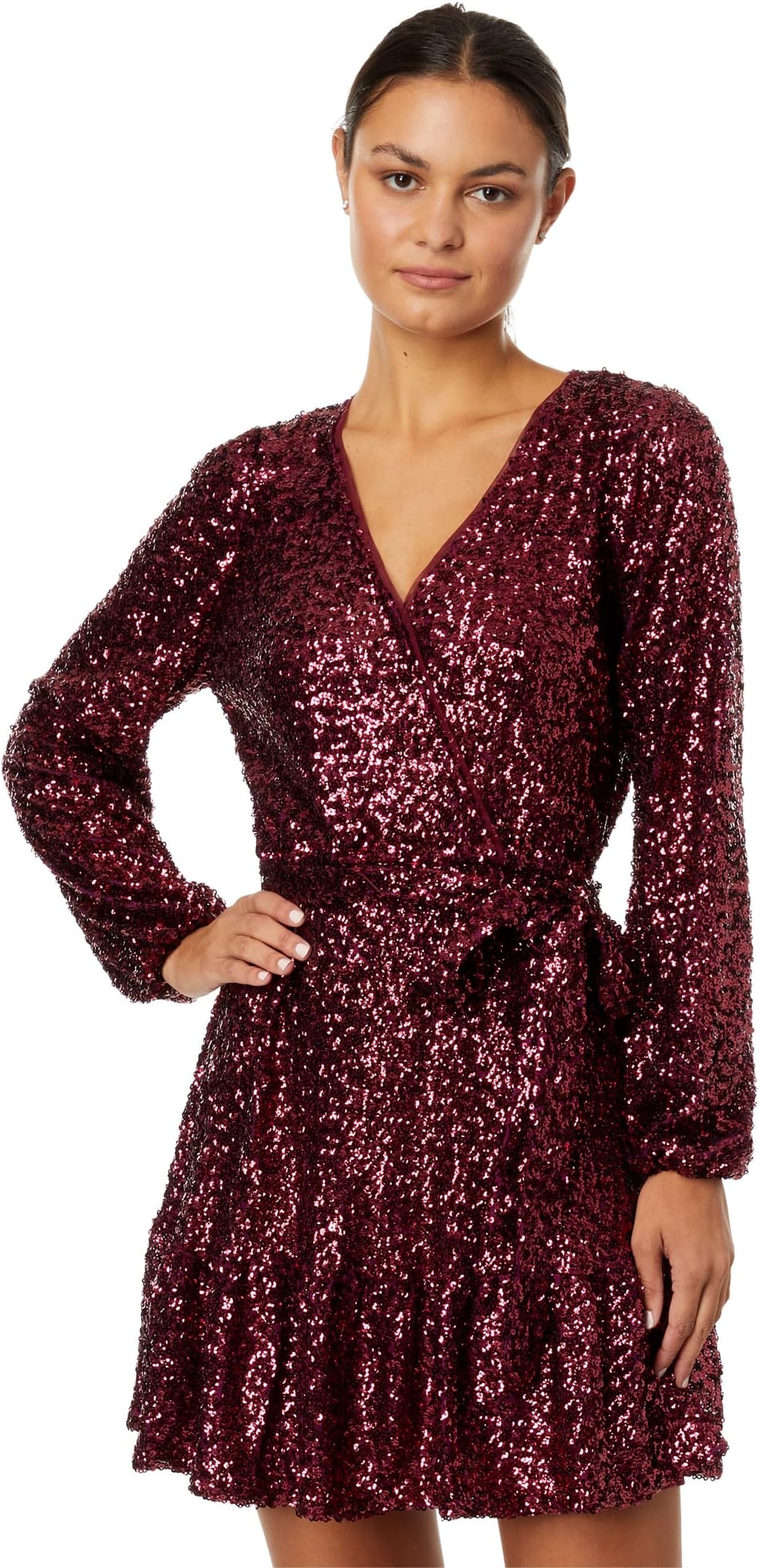 Betsy & Adam Short Sequins with Belt Tie Dress, Sangria