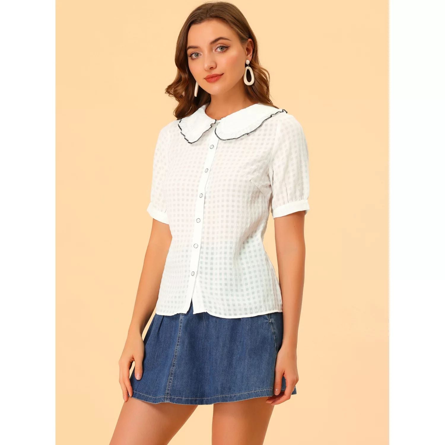 Women's Checkered Button Down Blouse with Peter Pan Collar and Contrast Color Trim , shirt-shirt ALLEGRA K , white