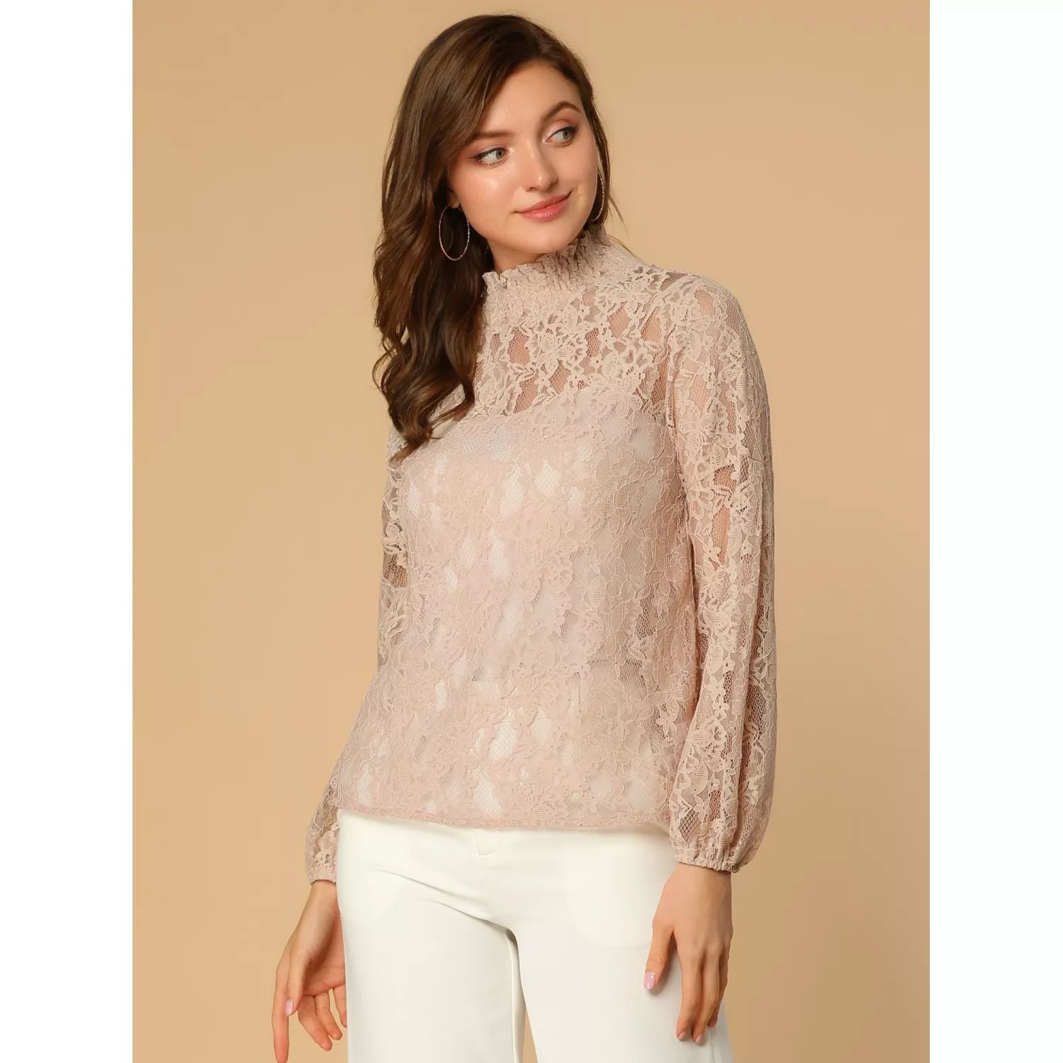 Women's Sheer Blouse with Lace Top and Floral Print with puff collar and long sleeves ALLEGRA K, pink