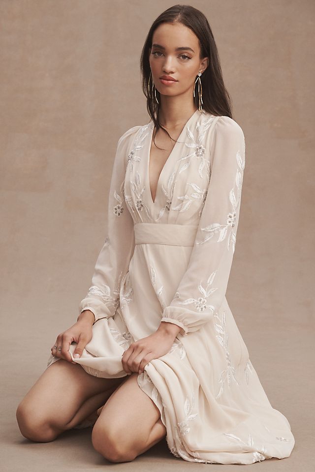 Bhldn Belize A-line Long Sleeve V-Neck Embroidered Wedding Dress ,  champagne