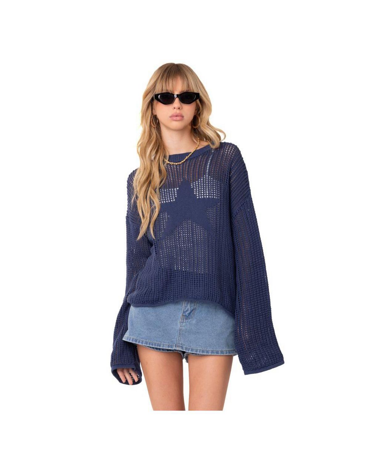 Women's transparent oversized sweater with Edikted star, blue