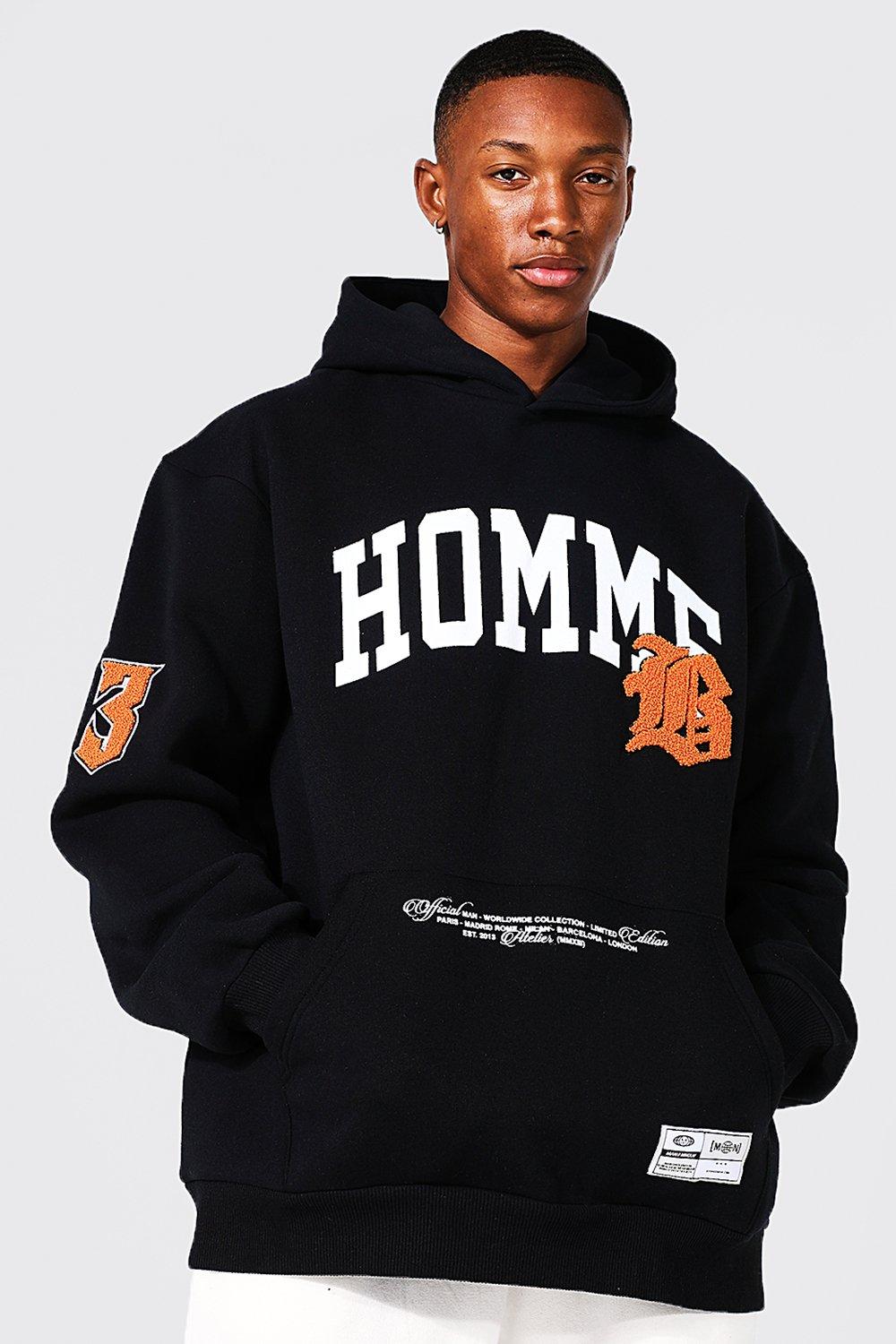 Boohoo University Team Oversized Homme Hoodie with Appliqué, Black