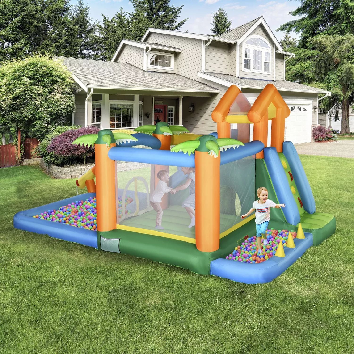 [T] Outsunny 5-in-1 Inflatable Water Slide, Kids Bouncing House summer themed jumping castle, set includes slide, trampoline, pool water gun, climbing wall with carrying bag repair patches and power blower