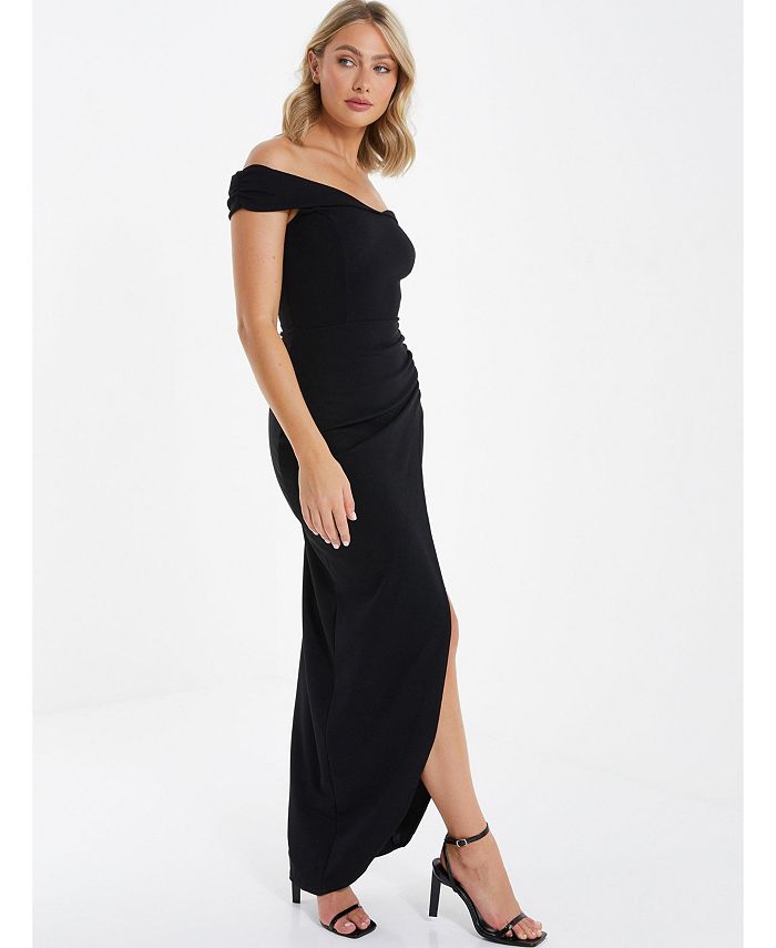 QUIZ Women's High Split Off Shoulder Maxi Dress, Black