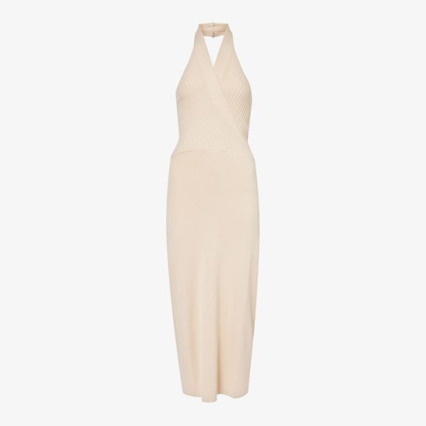 Amy Lynn Slim Knitted Midi Dress with Halter Neck, Beige