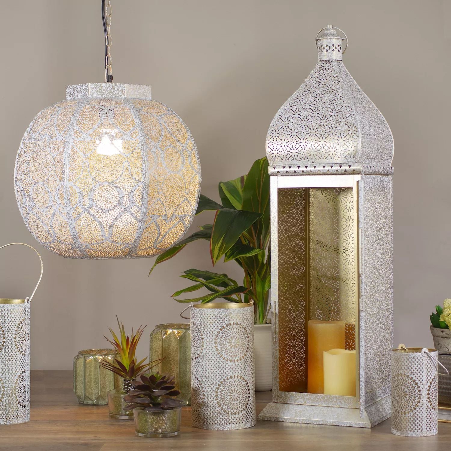 30.5" White and Gold Floor Lantern with Moroccan Style Candle