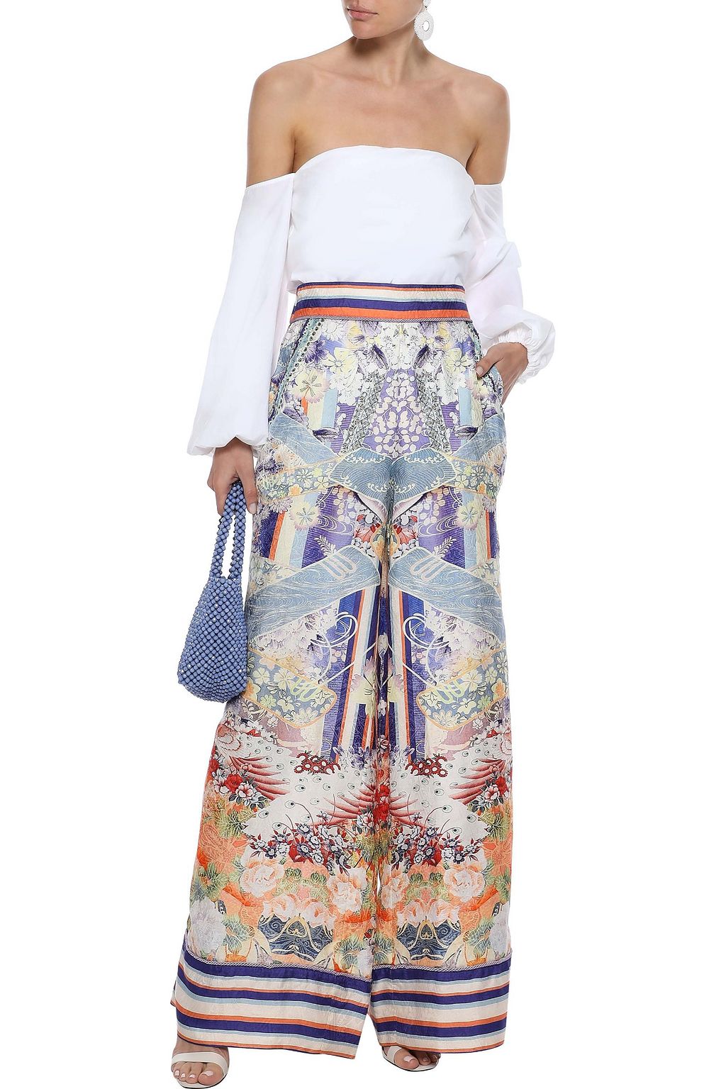 Wide trousers in satin jacquard with print and crystals CAMILLA, blue