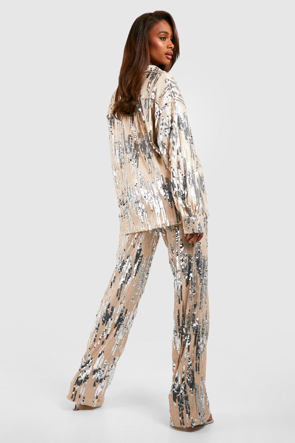 Boohoo matching sequin trousers, nude