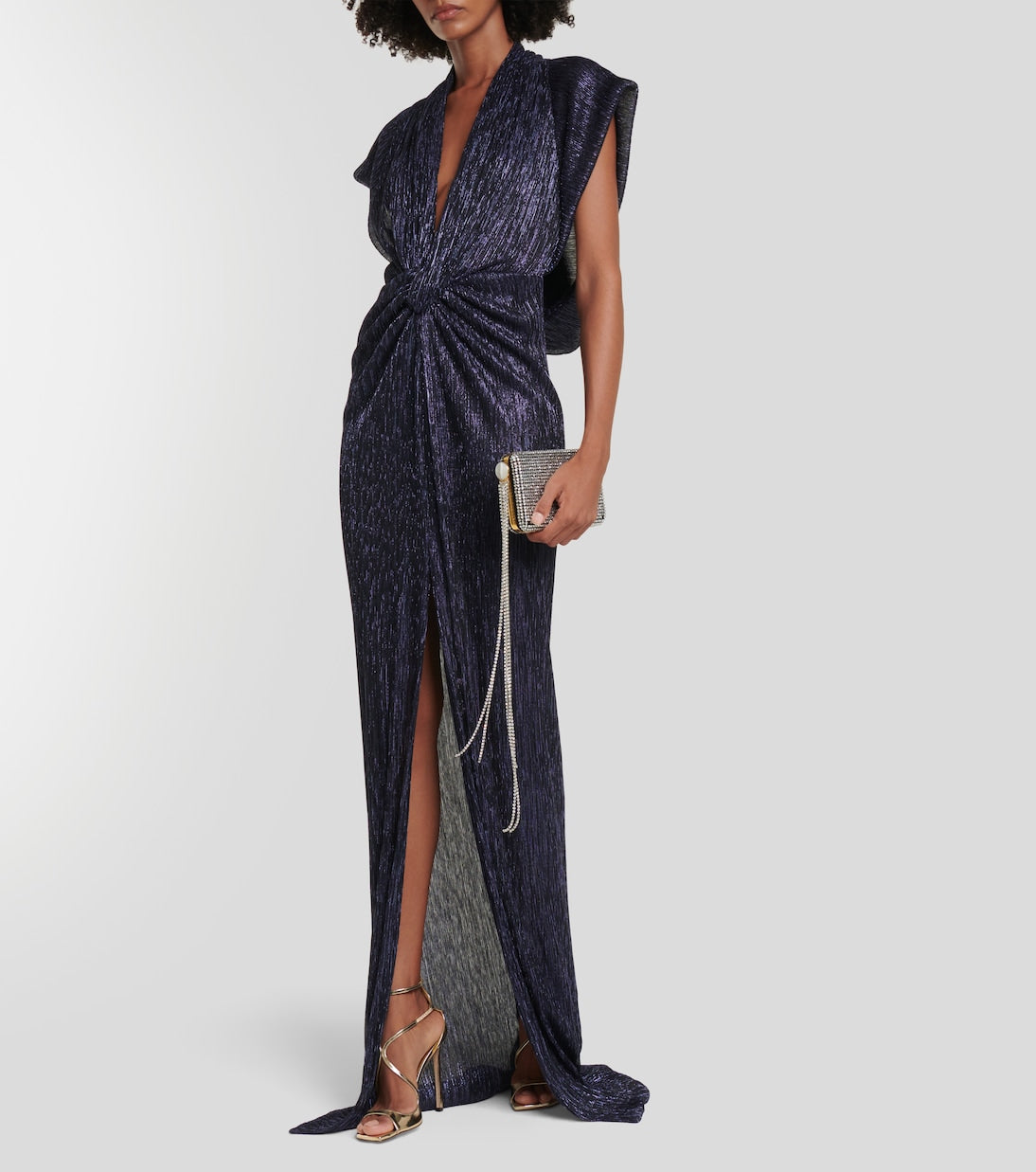 Pleated dress with ruching and metallic effect. Costarellos, metal