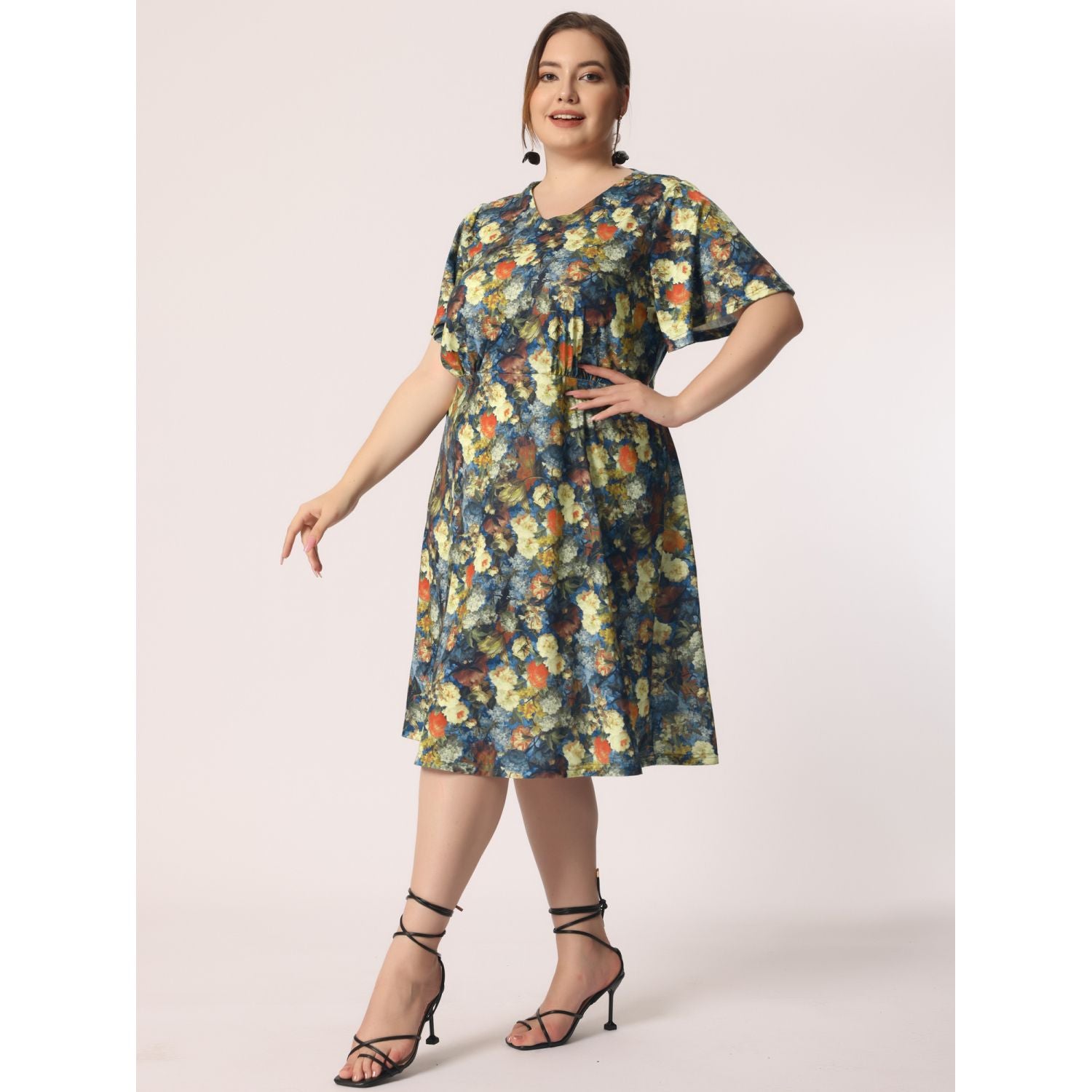 Agnes Orinda Women's Plus Size Floral Short Sleeve Flare Midi Dress ,  blue