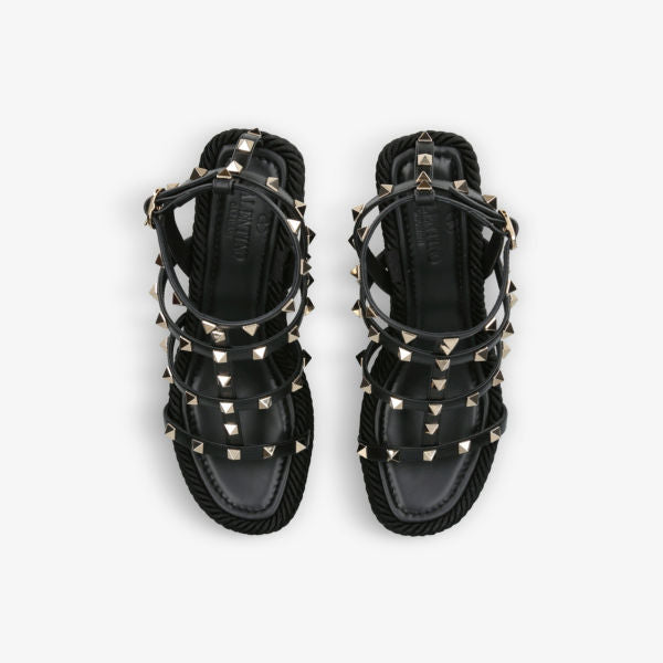 Valentino Garavani Rockstud 95 Braided Leather Heel Sandals, Black