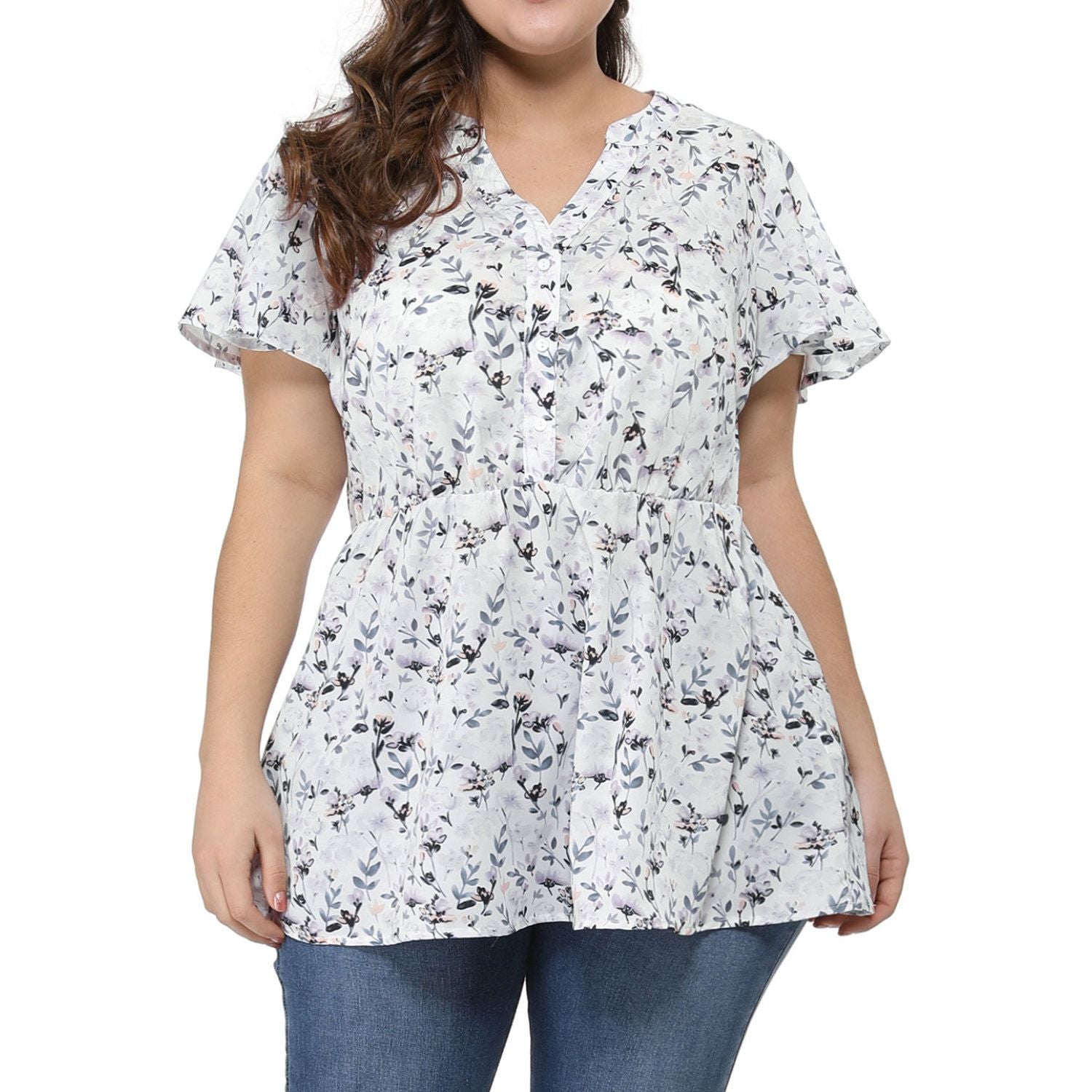 Women's Plus Size Short Sleeve Smocked Waist Blouse V-neck and Agnes Orinda floral print, black