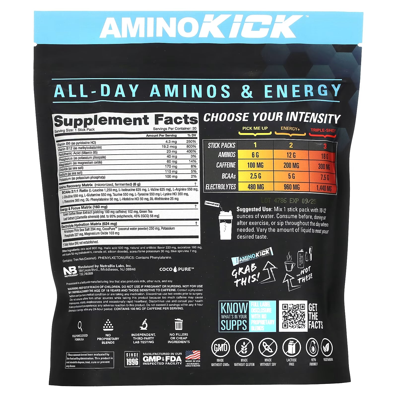 مكمل غذائي رياضي من Nutrabio Labs Amino Kick بنكهة التوت الأزرق، 20 عودًا، 9 جرام لكل عود