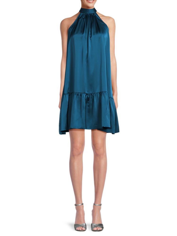 Satin flounce dress with bow Renee C., turquoise