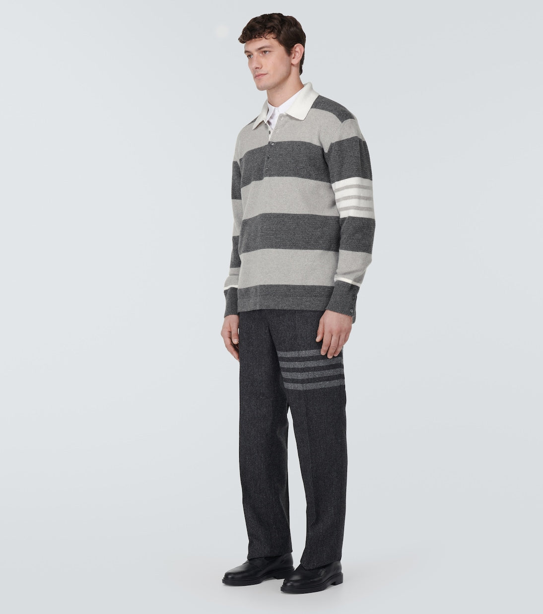 Thom Browne Striped Virgin Wool Polo Sweater, Gray