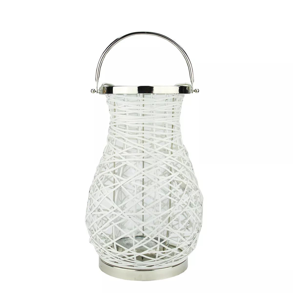 16 25" Modern White Decorative Wicker Iron Lantern with Pillar Candle and Glass Hurricane