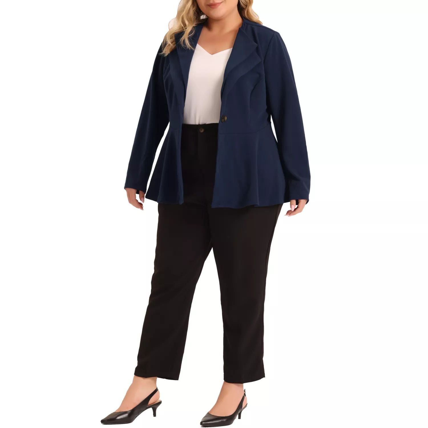 Women's Plus Size Office Blazers with Double Lapel and Peplum Agnes Orinda jackets, dark blue