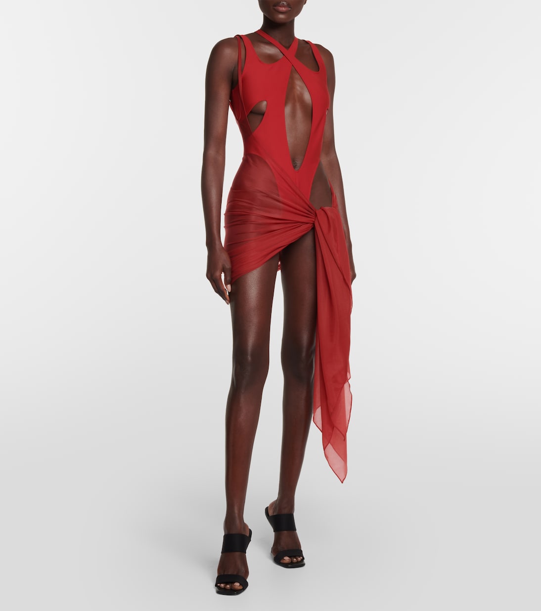 Mugler One Shoulder Jersey Beach Dress, Red