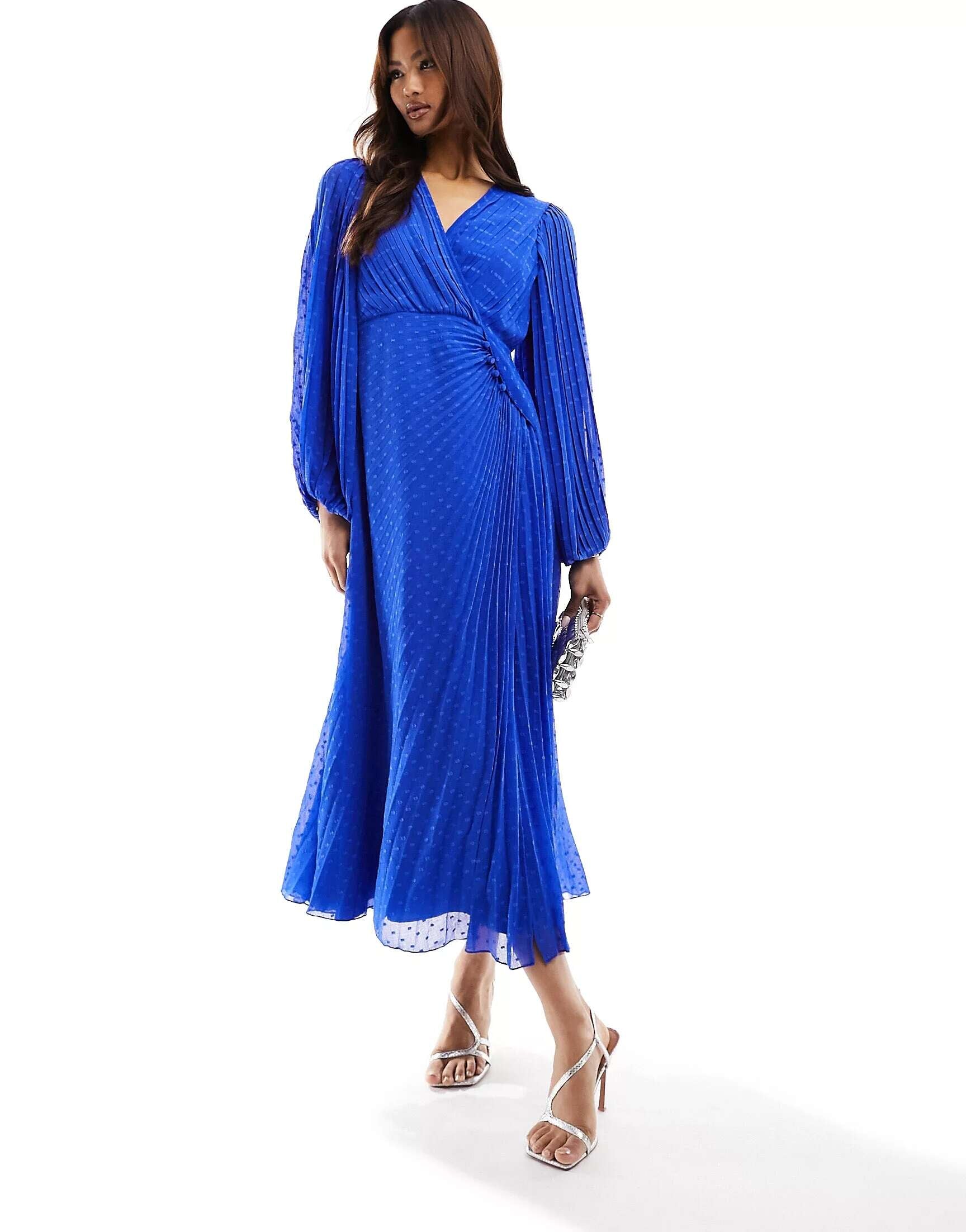 ASOS Cobalt Dobby Pleated Chiffon Wrap Maxi Dress With Buttons