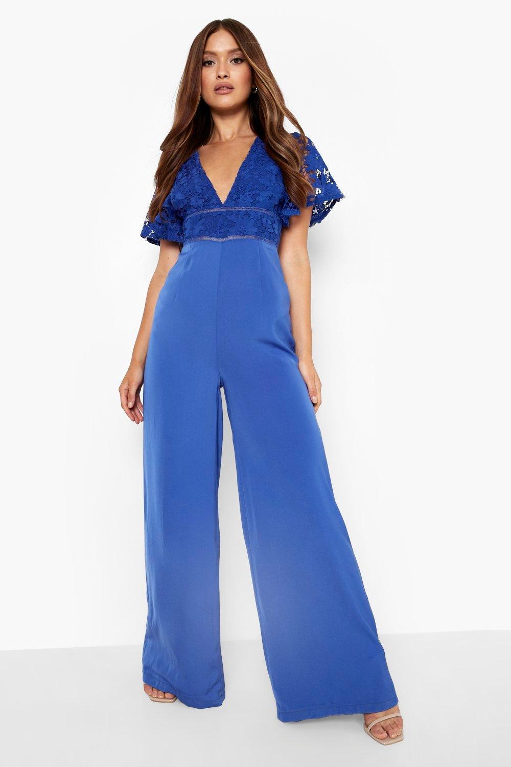 Boohoo Lace Wide Leg Jumpsuit, Cobalt