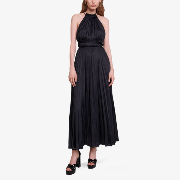 Villy Pleated Satin Maxi Dress with Maje Halter Collar in noir/gris