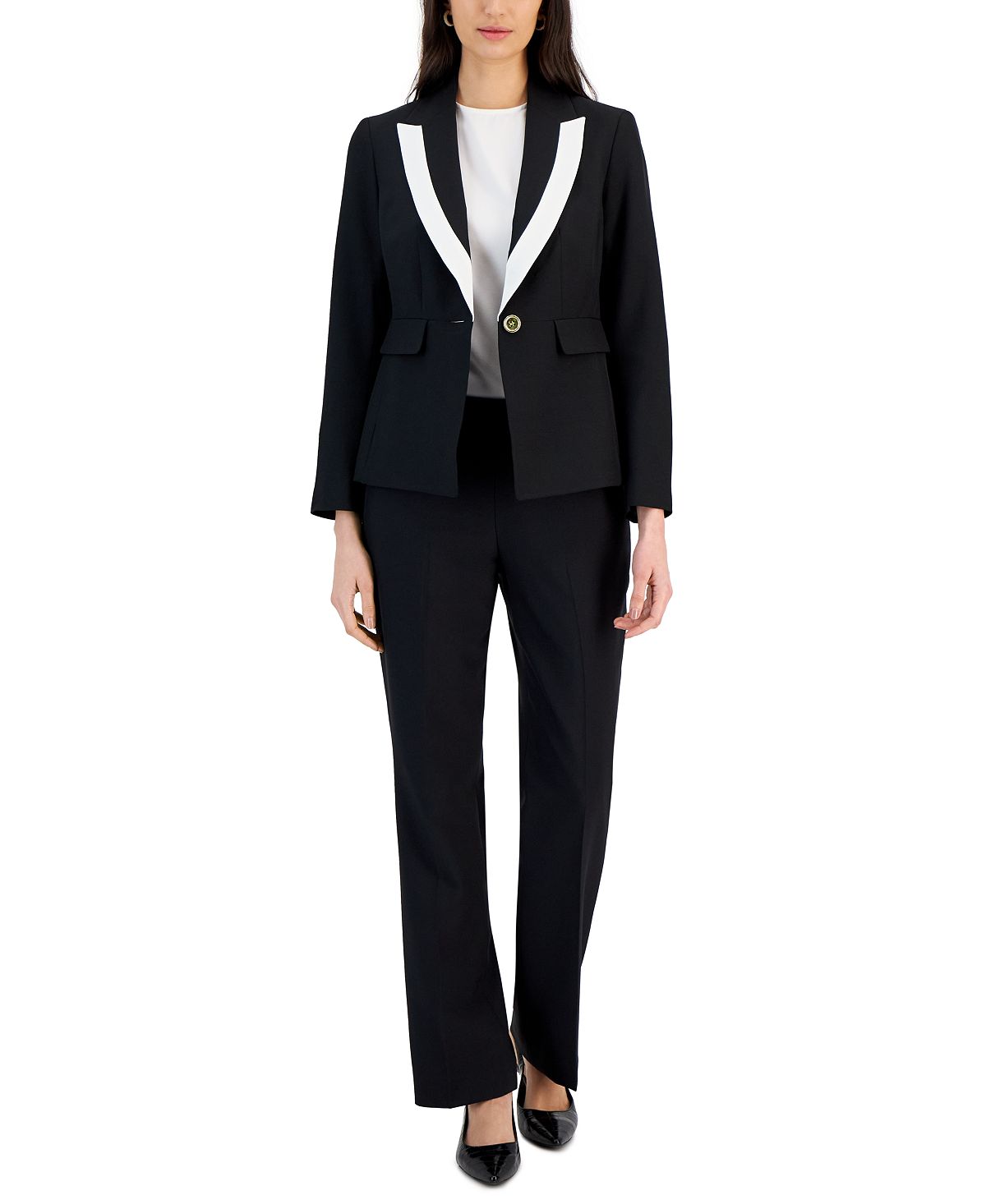 Women's pantsuit with contrast trim and peak lapels standard and petite Le Suit