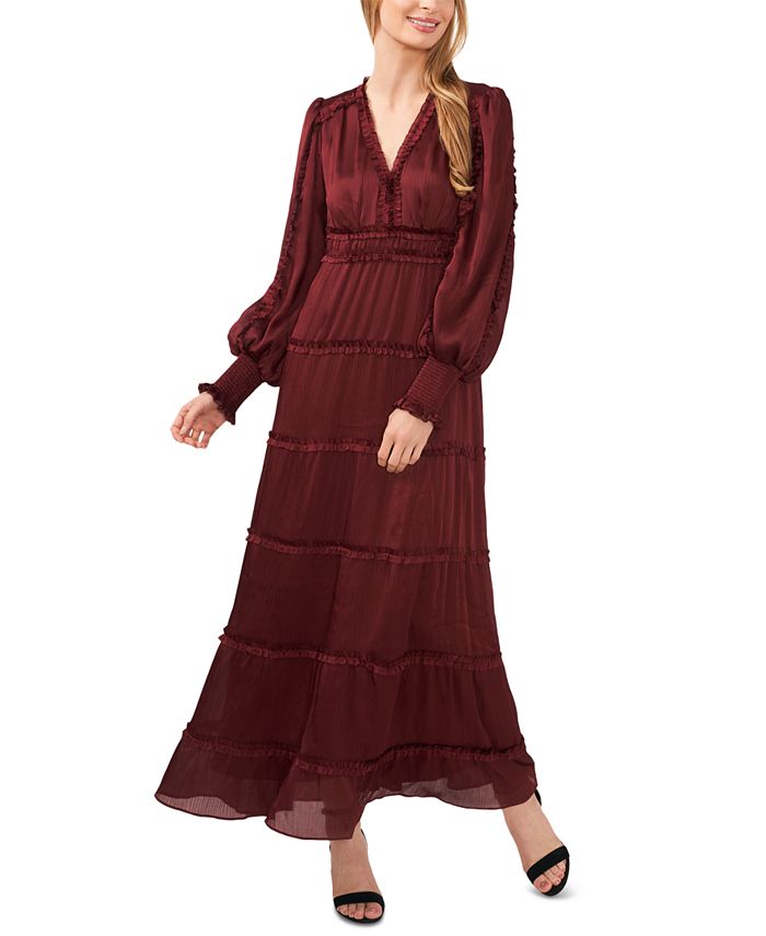 Women's Pleated Ruffle Long Sleeve Maxi Dress Ce  Ce red