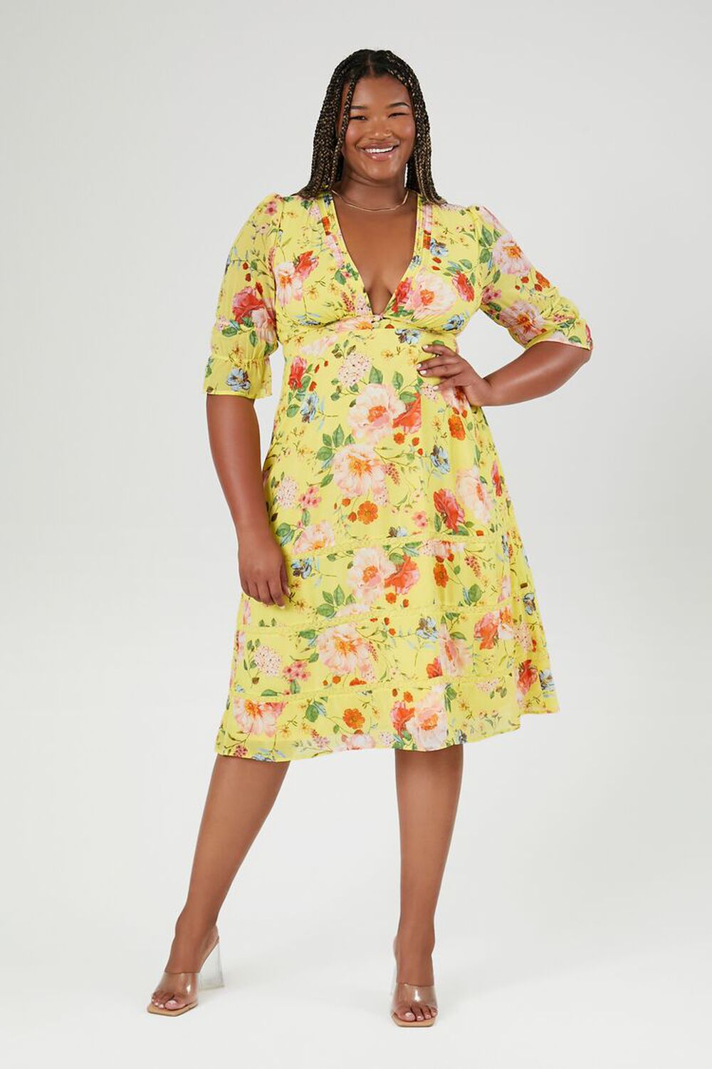 Plus Size Forever 21 Floral Plunge Midi Dress, Yellow