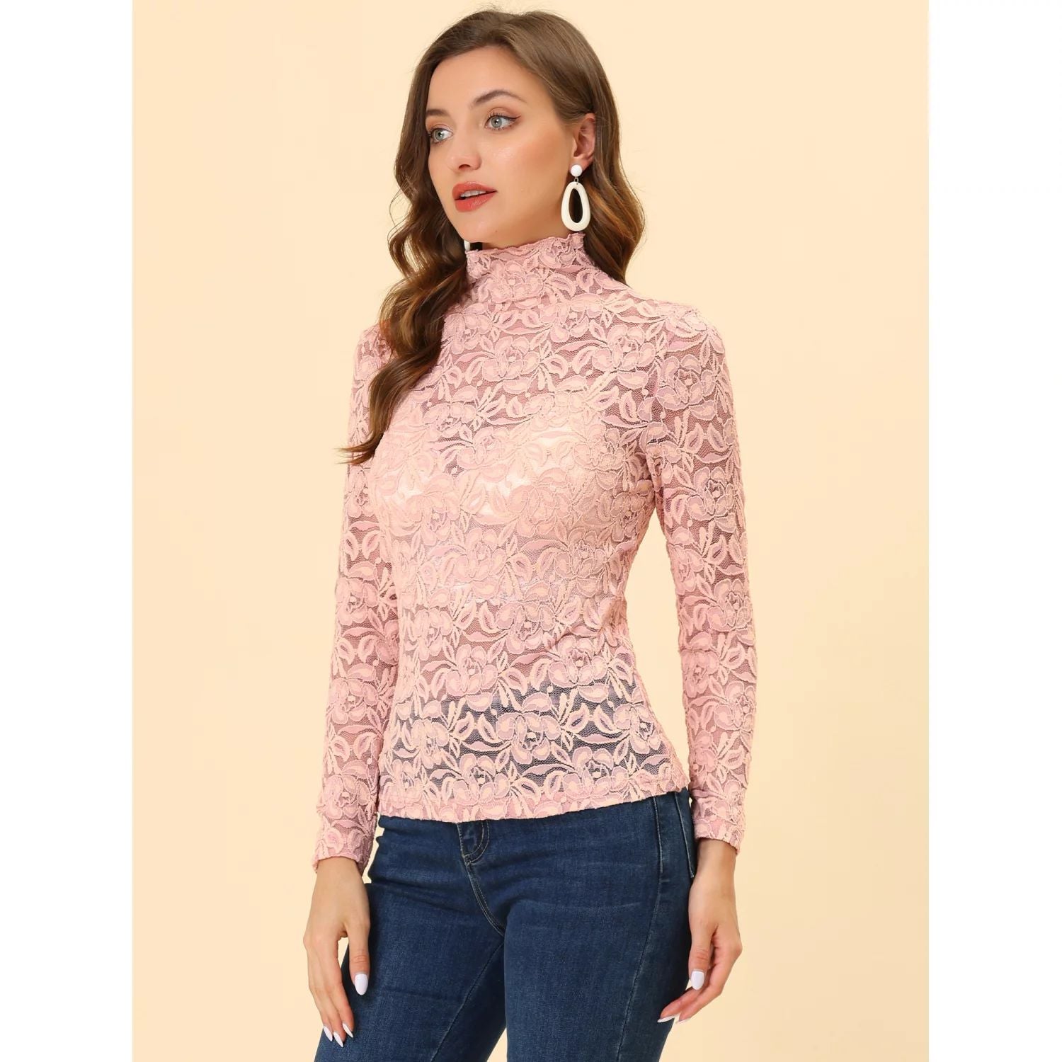 Women's Long Sleeve Sheer Turtleneck transparent lace blouse with floral print, top ALLEGRA K