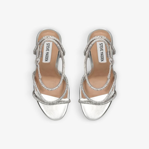 Bryanna Metallic Leather Sandals with Steve Madden Rhinestones, Silver