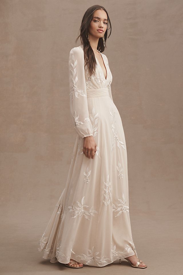 Bhldn Belize A-line Long Sleeve V-Neck Embroidered Wedding Dress ,  champagne