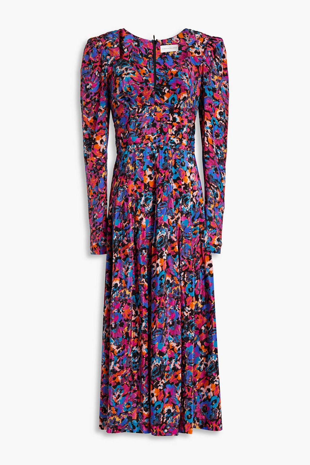 Pleated crepe de Chine midi dress with REBECCA VALLANCE print, multicolor