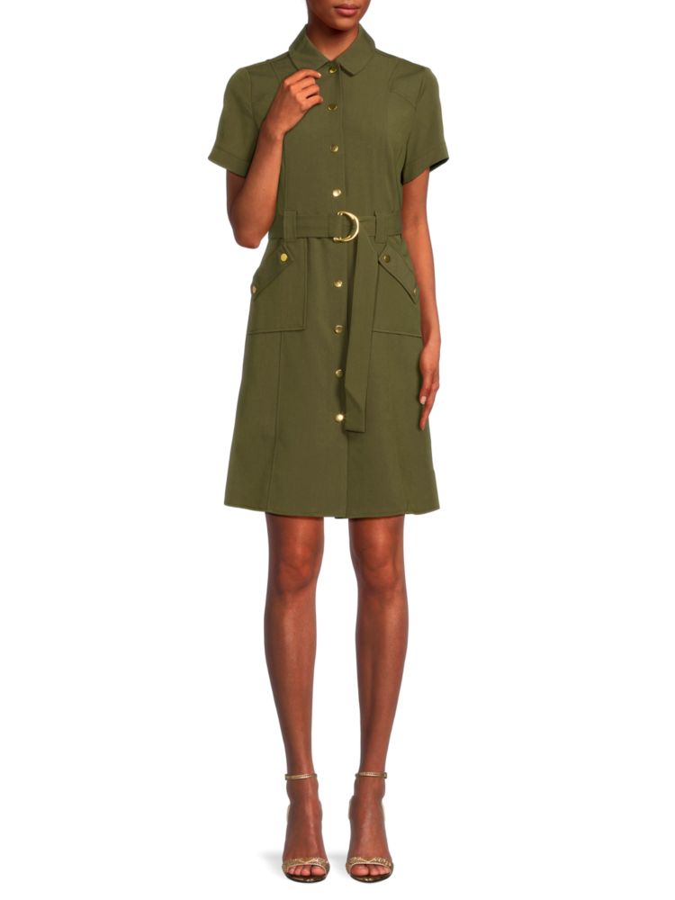 Sharagano Shirtdress with Pointed Collar and Belt in Olive Drab