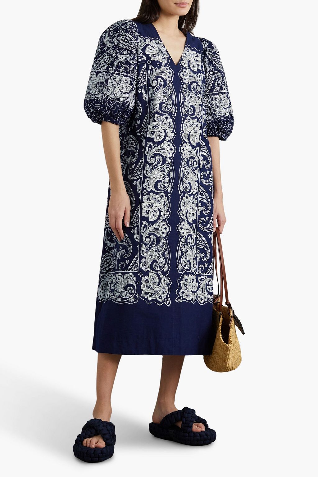 Theodora Cotton Voile Midi Dress with Embroidery and SEA Print, Navi