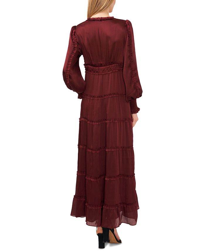 Women's Pleated Ruffle Long Sleeve Maxi Dress Ce  Ce red