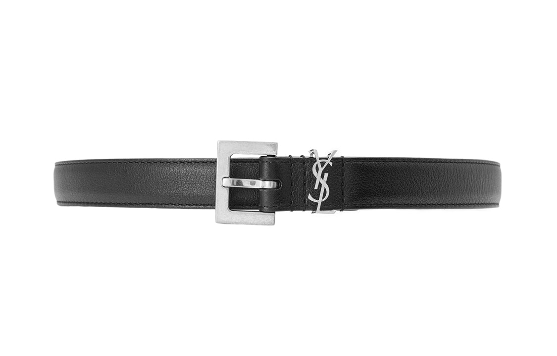 Leather Belt Saint Laurent Cassandre Thin Square, Black