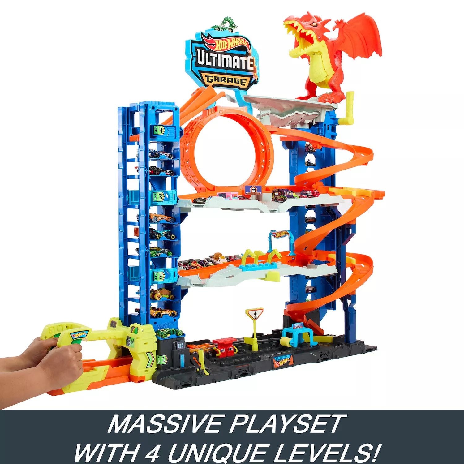 Mattel Hot Wheels City Ultimate Garage playset with 2 die-cast cars and toy storage for 50+ Mattel cars