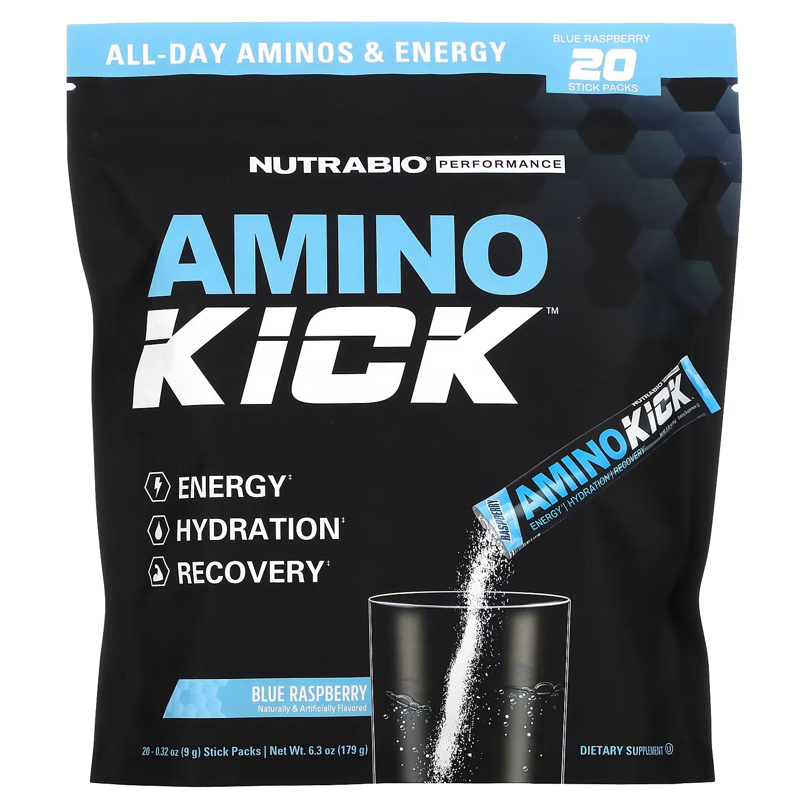 مكمل غذائي رياضي من Nutrabio Labs Amino Kick بنكهة التوت الأزرق، 20 عودًا، 9 جرام لكل عود