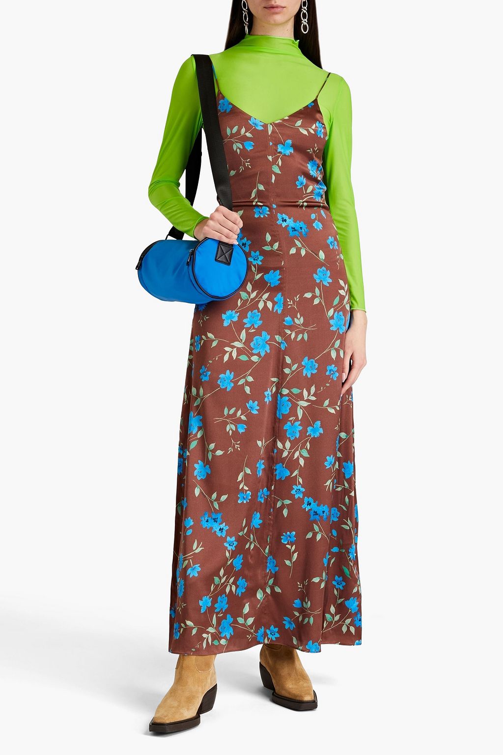 Stretch satin maxi dress with floral print GANNI, brown