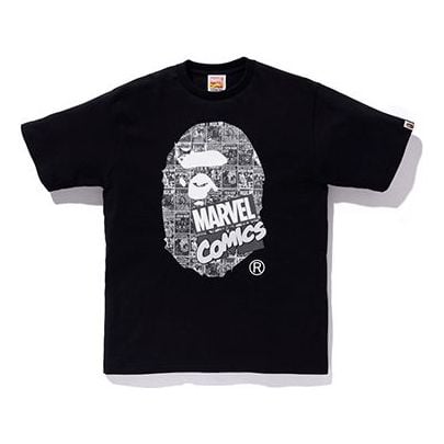 تي شيرت BAPE Marvel Crossover بأكمام قصيرة كبيرة للجنسين، أسود